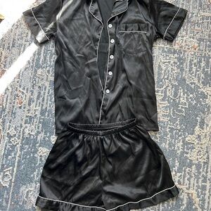 Black Satin Pajama Set with White Trim